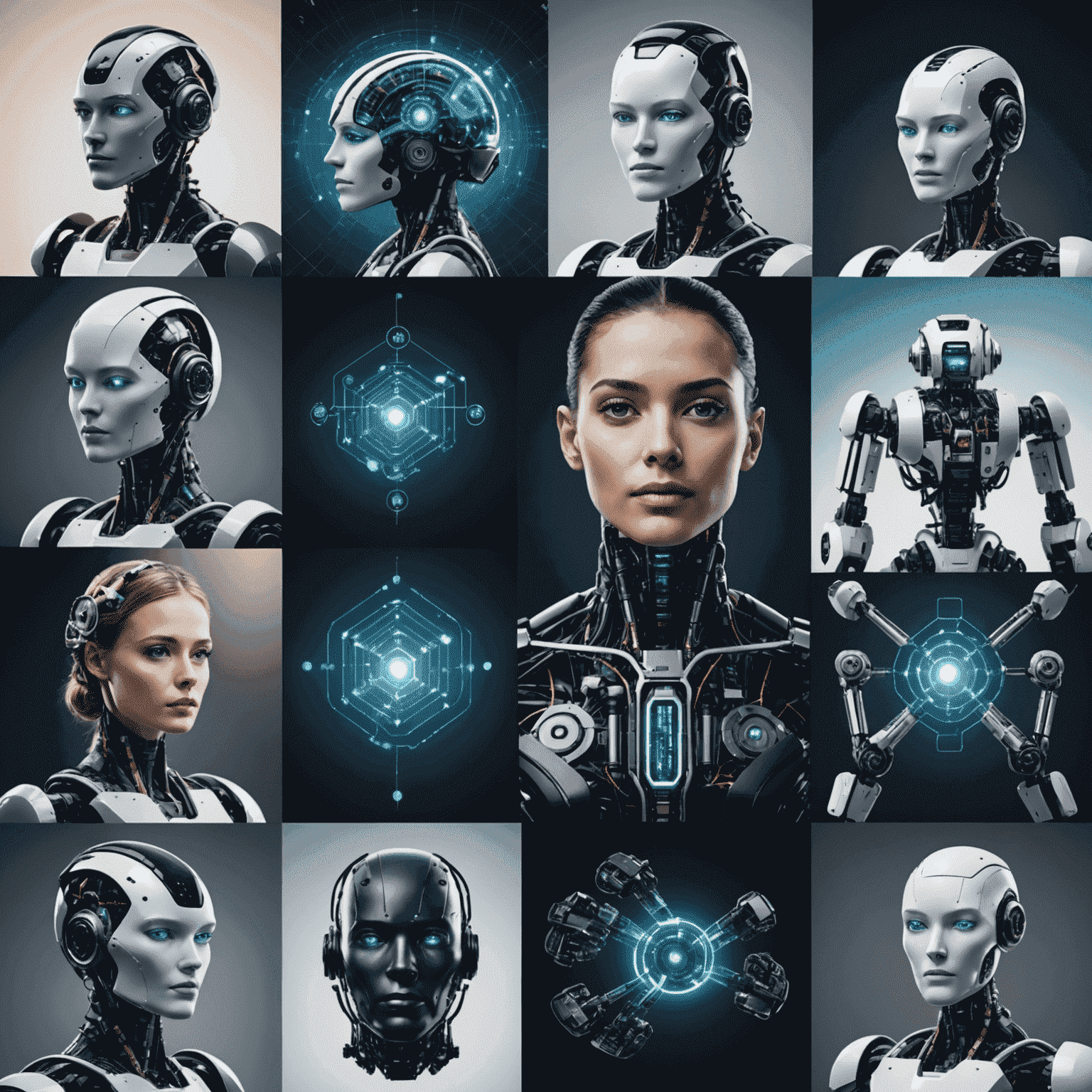 Collage of images representing artificial intelligence, robotics, and blockchain technologies