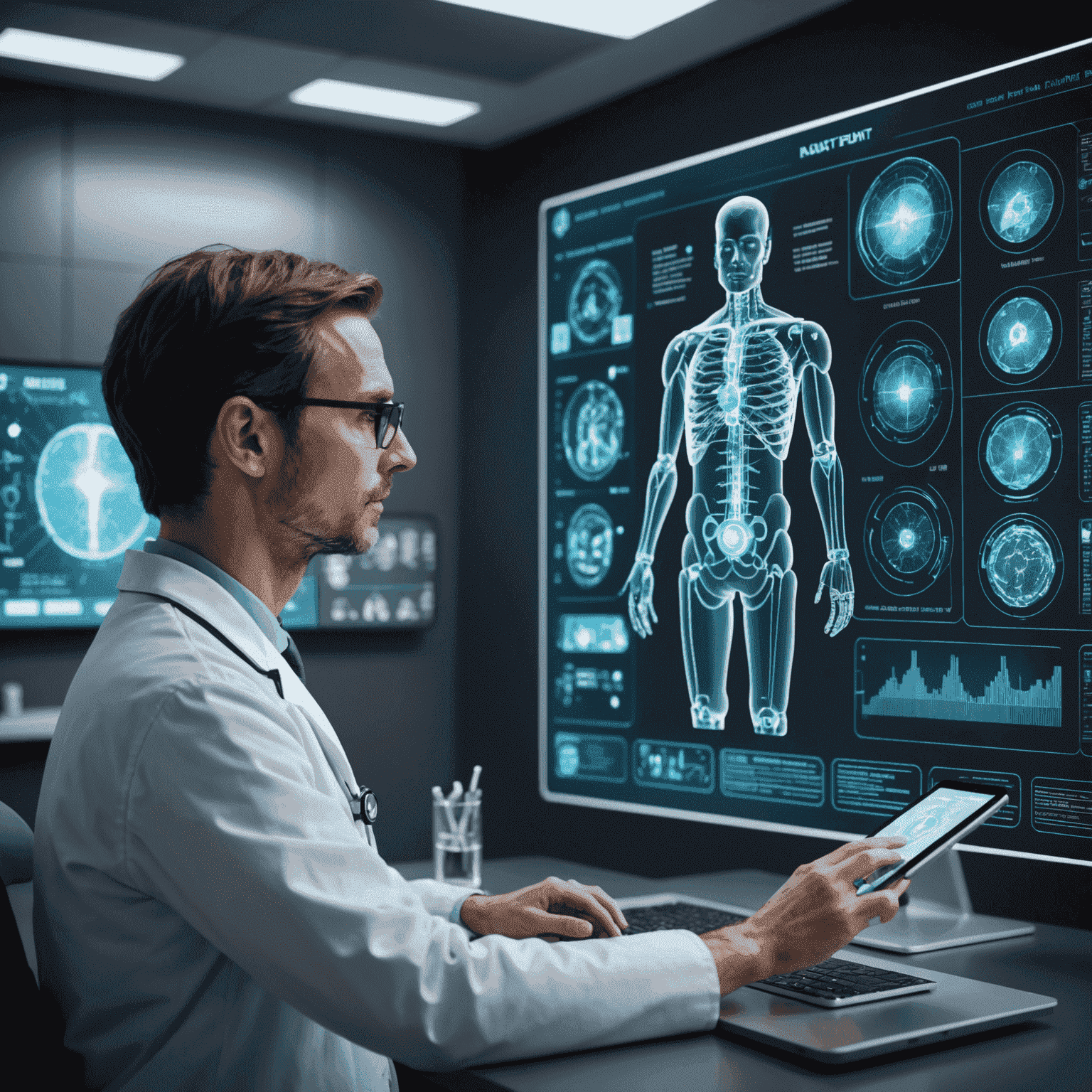 A doctor using artificial intelligence to analyze patient data on a futuristic holographic display, with various health metrics and personalized treatment options visible.