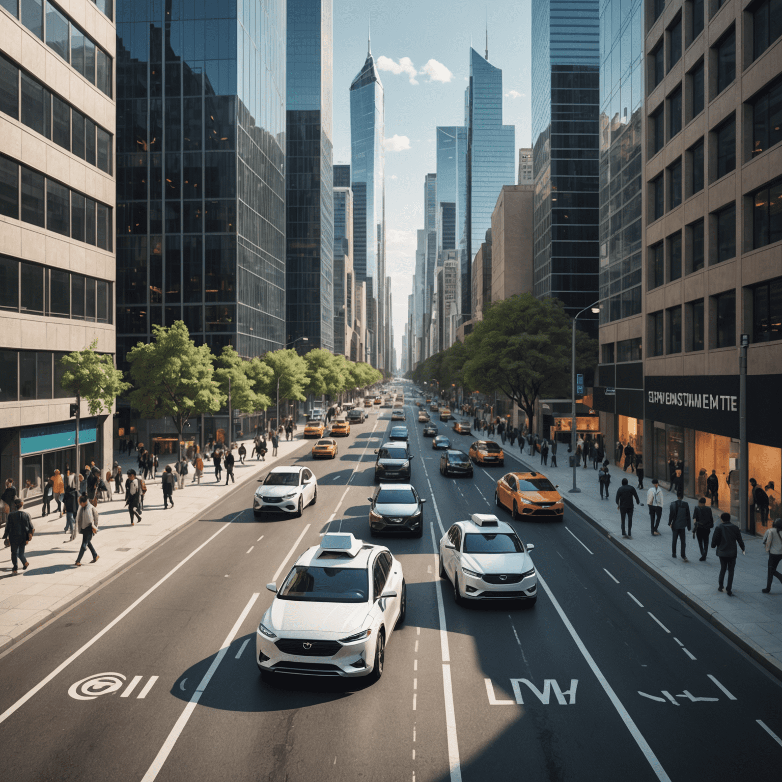 Illustration of self-driving cars navigating busy city streets, with skyscrapers and pedestrians in the background