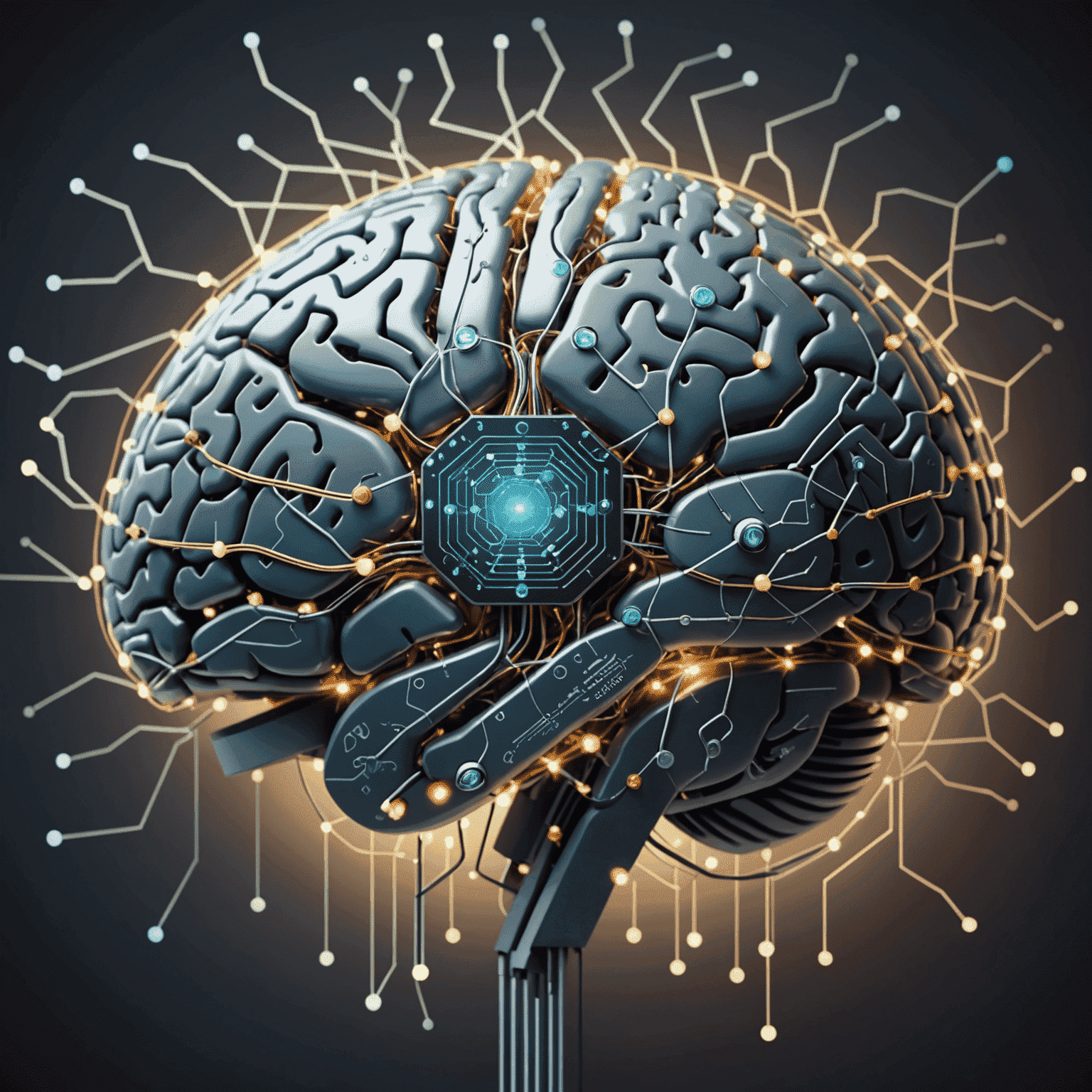 An illustration of a brain with circuits and nodes representing artificial intelligence