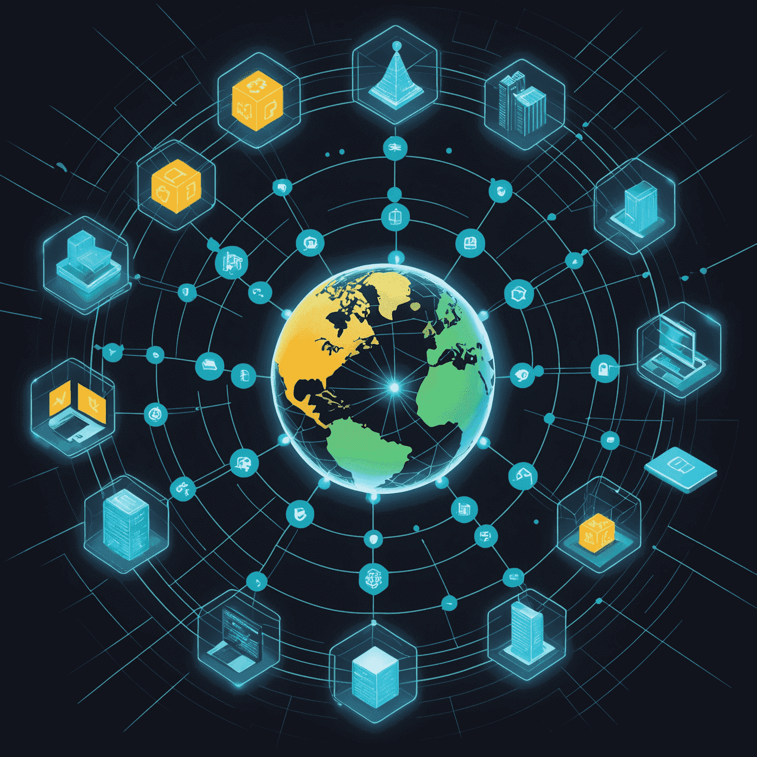 An illustration depicting various industries being connected and transformed by blockchain technology, including finance, supply chain, healthcare, and more. The image uses a futuristic style with glowing lines and nodes to represent the blockchain.