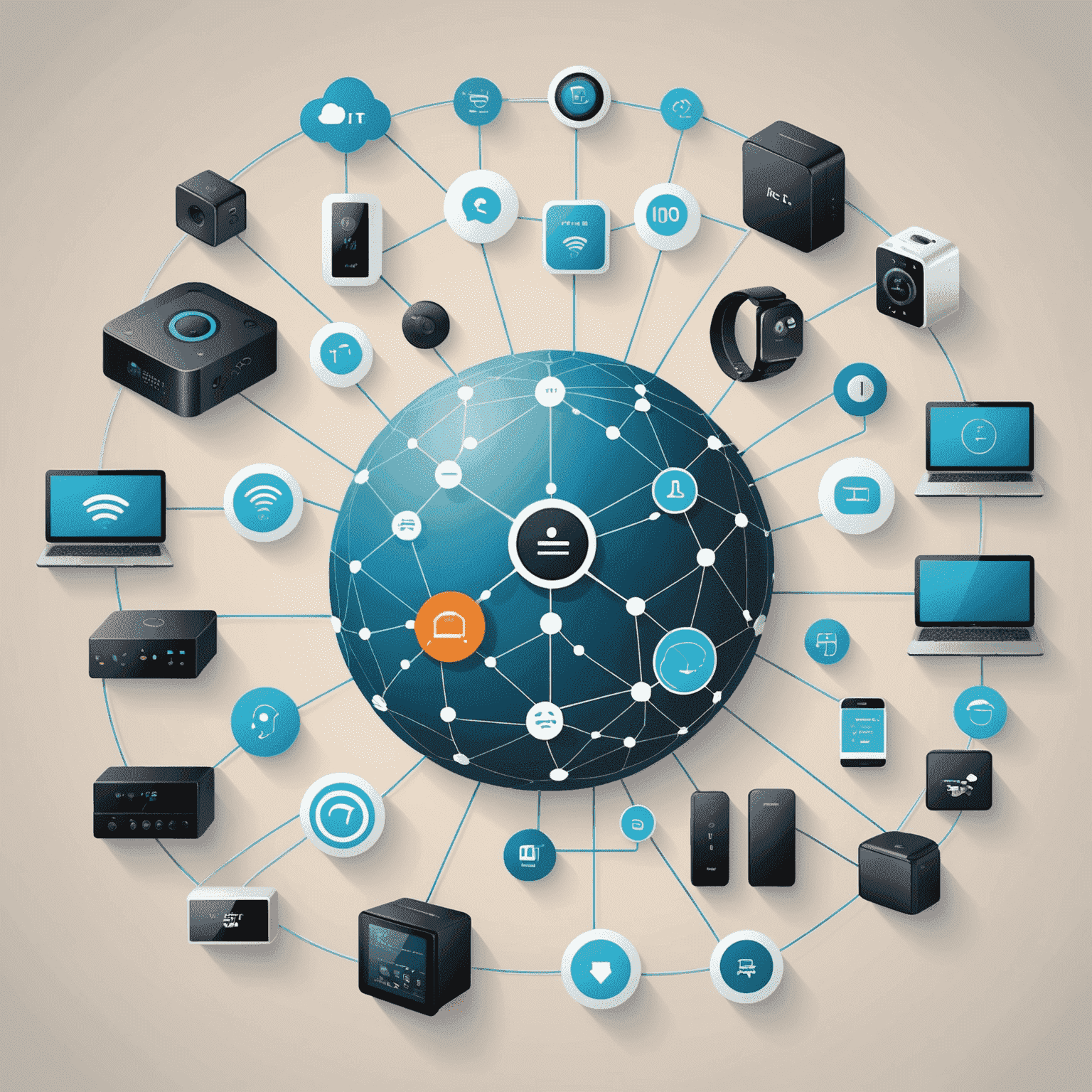 Illustration of various IoT devices like smart home appliances, wearables, industrial sensors etc. connected together in a network