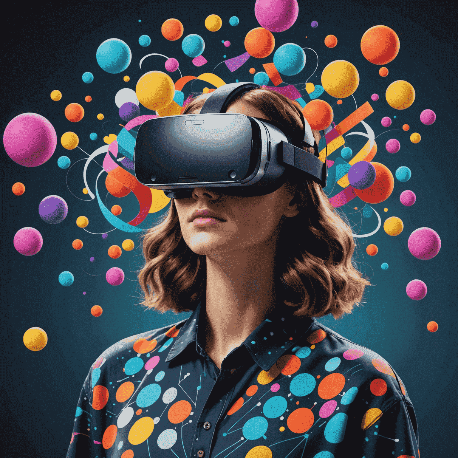 A person wearing a virtual reality headset, immersed in a colorful digital world filled with floating shapes and objects