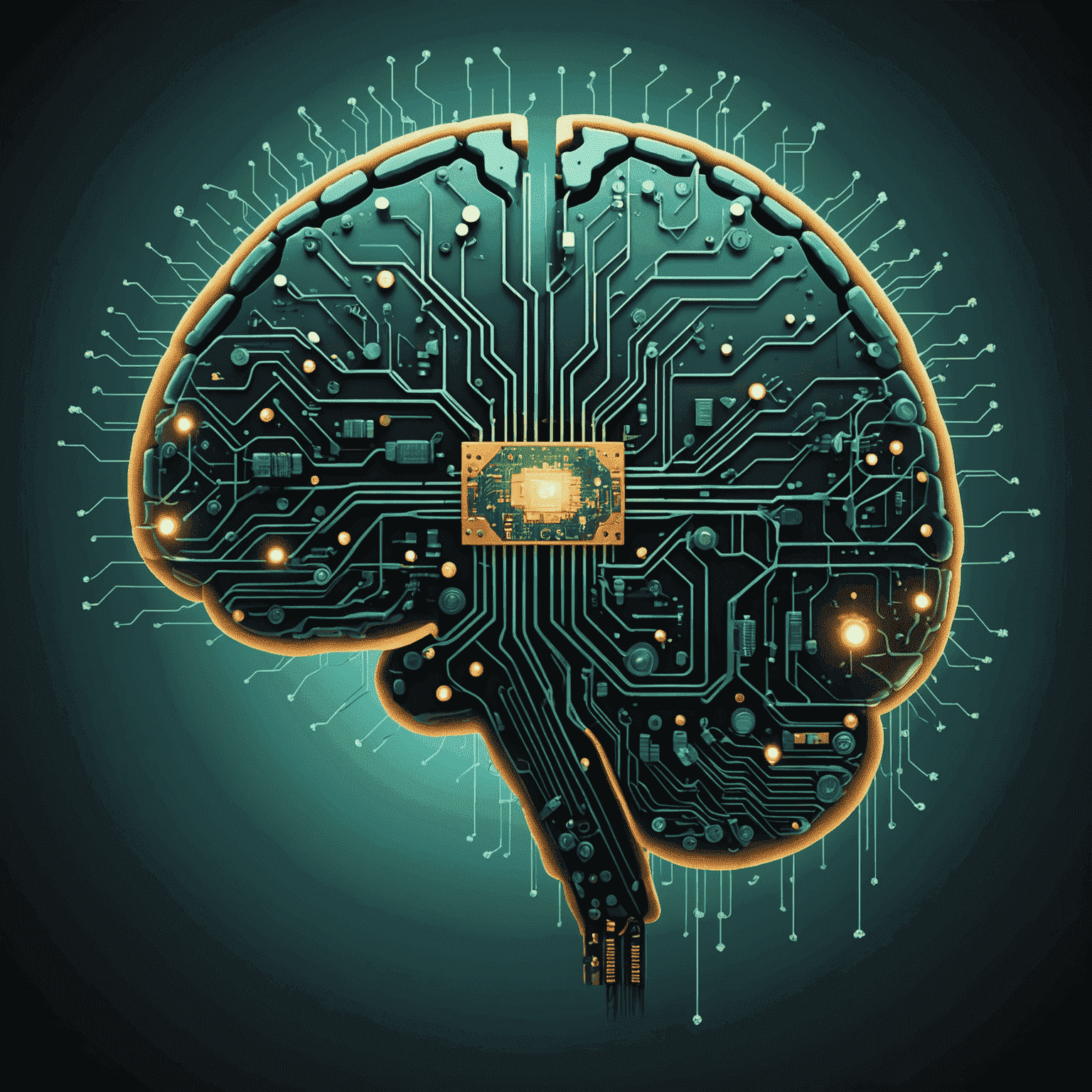 Illustration of a human brain with circuit board elements, representing artificial intelligence