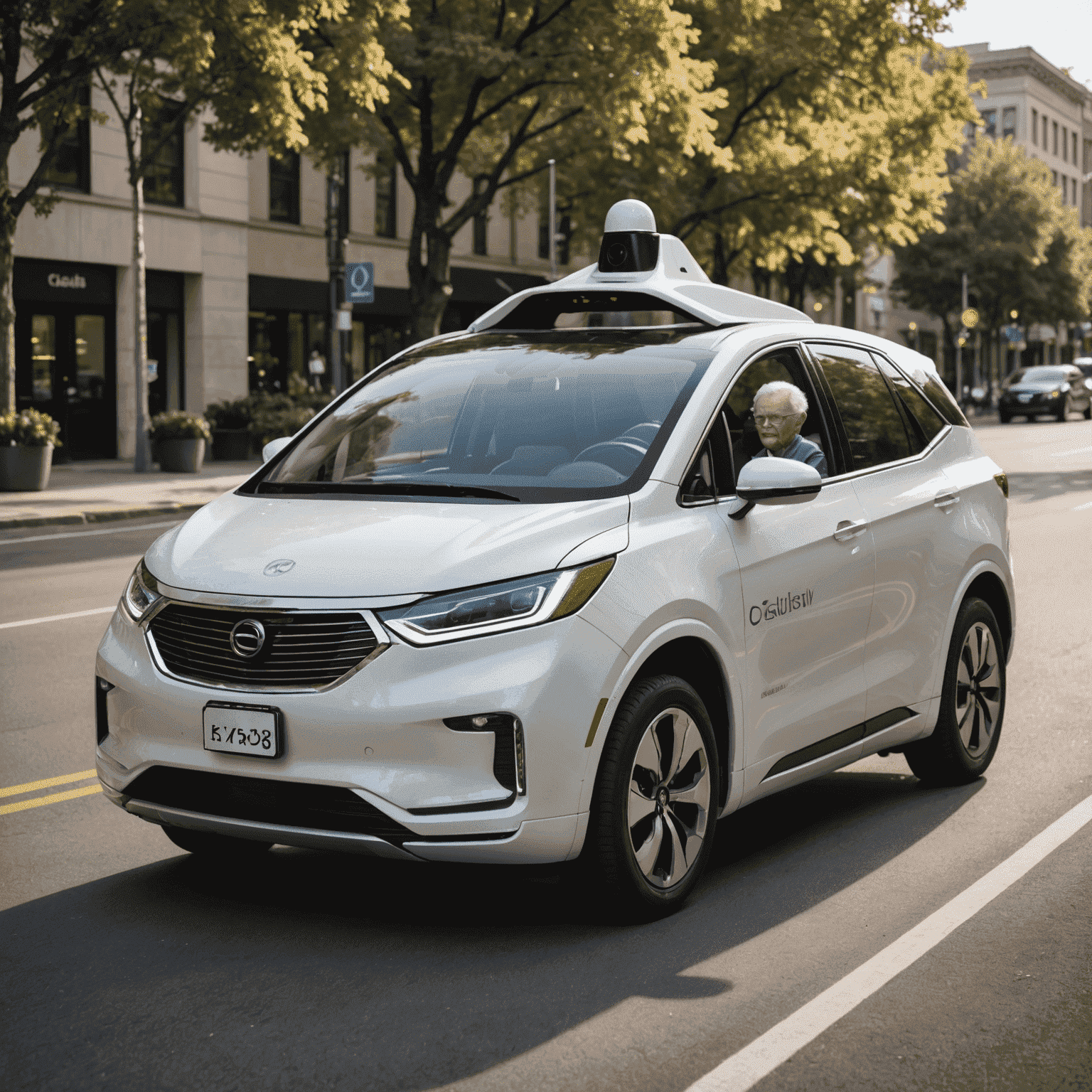 An elderly person easily entering and using a self-driving car, illustrating increased mobility and independence