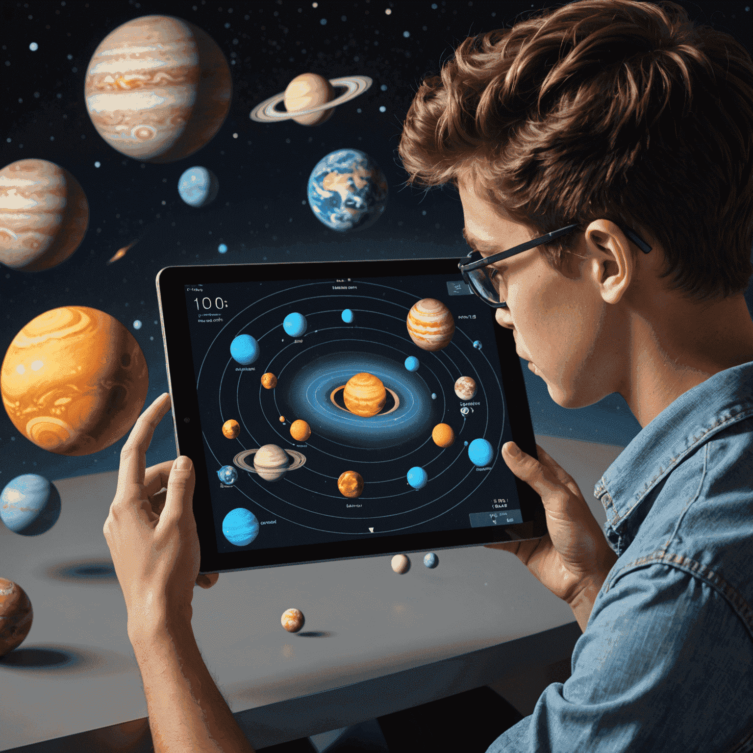 A student using an augmented reality app on a tablet to explore a 3D model of the solar system, with planets and moons floating in the air around them