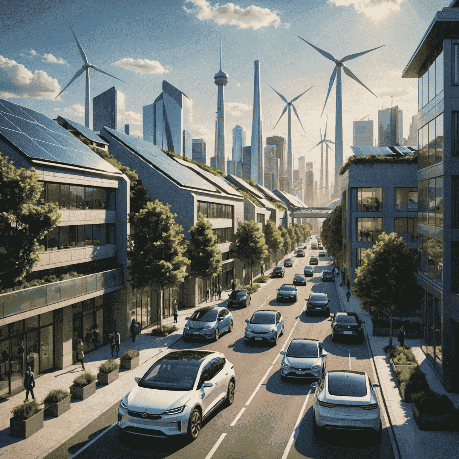 A futuristic cityscape powered entirely by renewable energy sources, with solar panels on rooftops, wind turbines in the distance, and electric vehicles on the streets, representing the potential for a clean energy revolution