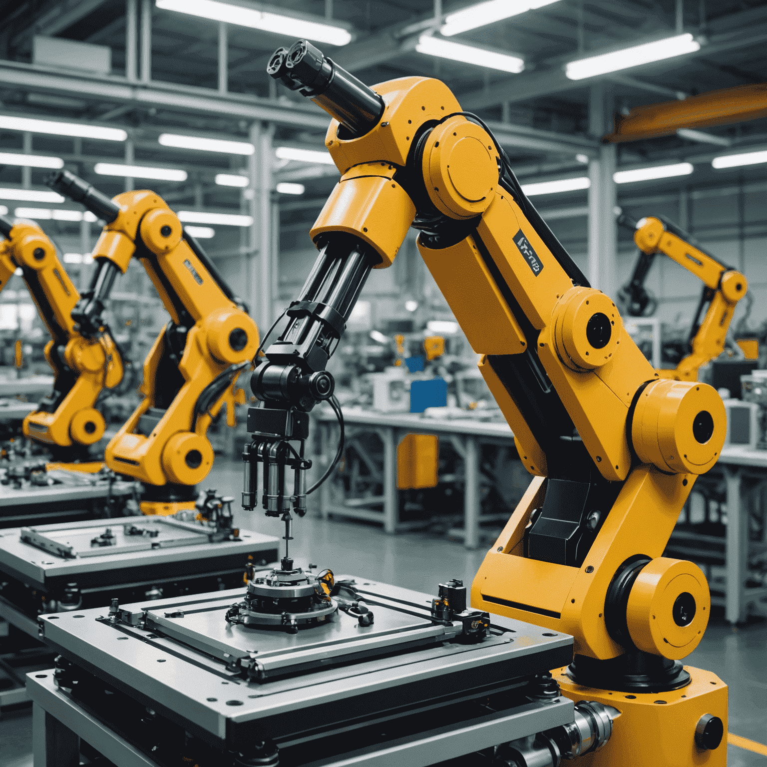 Robotic arm assembling components on a factory line