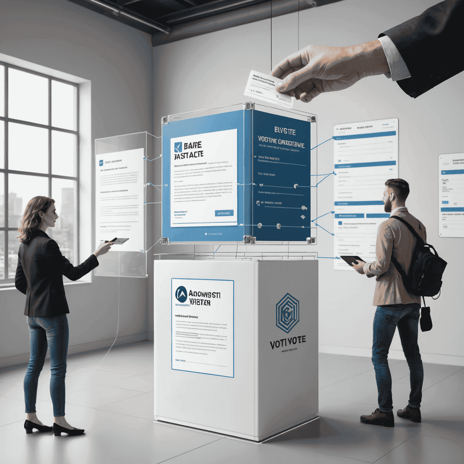 Diagram illustrating how blockchain voting works, with secure voter registration, anonymous vote casting, and transparent tallying