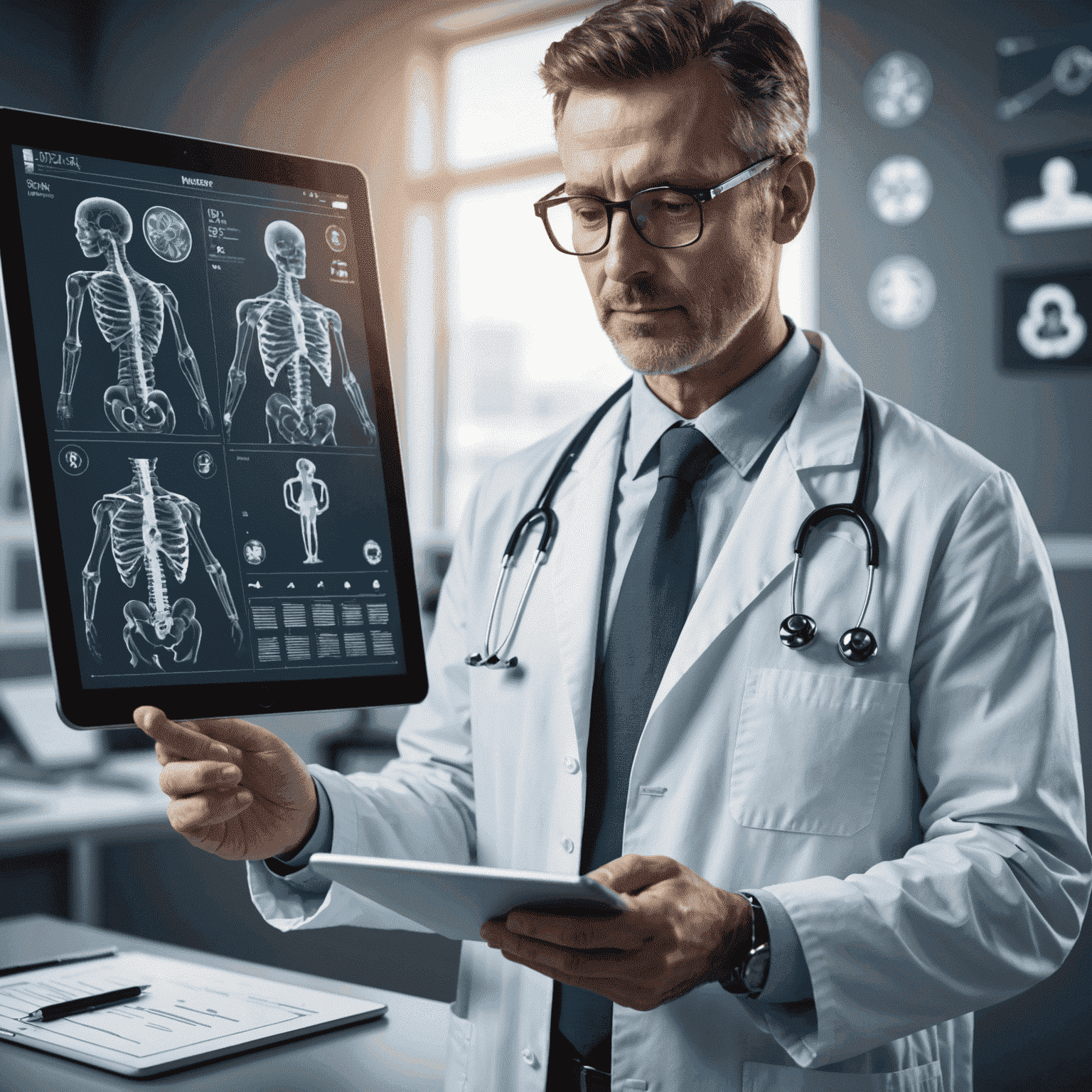 A doctor using a tablet to review patient data, with a digital representation of a human body and various medical icons in the background.