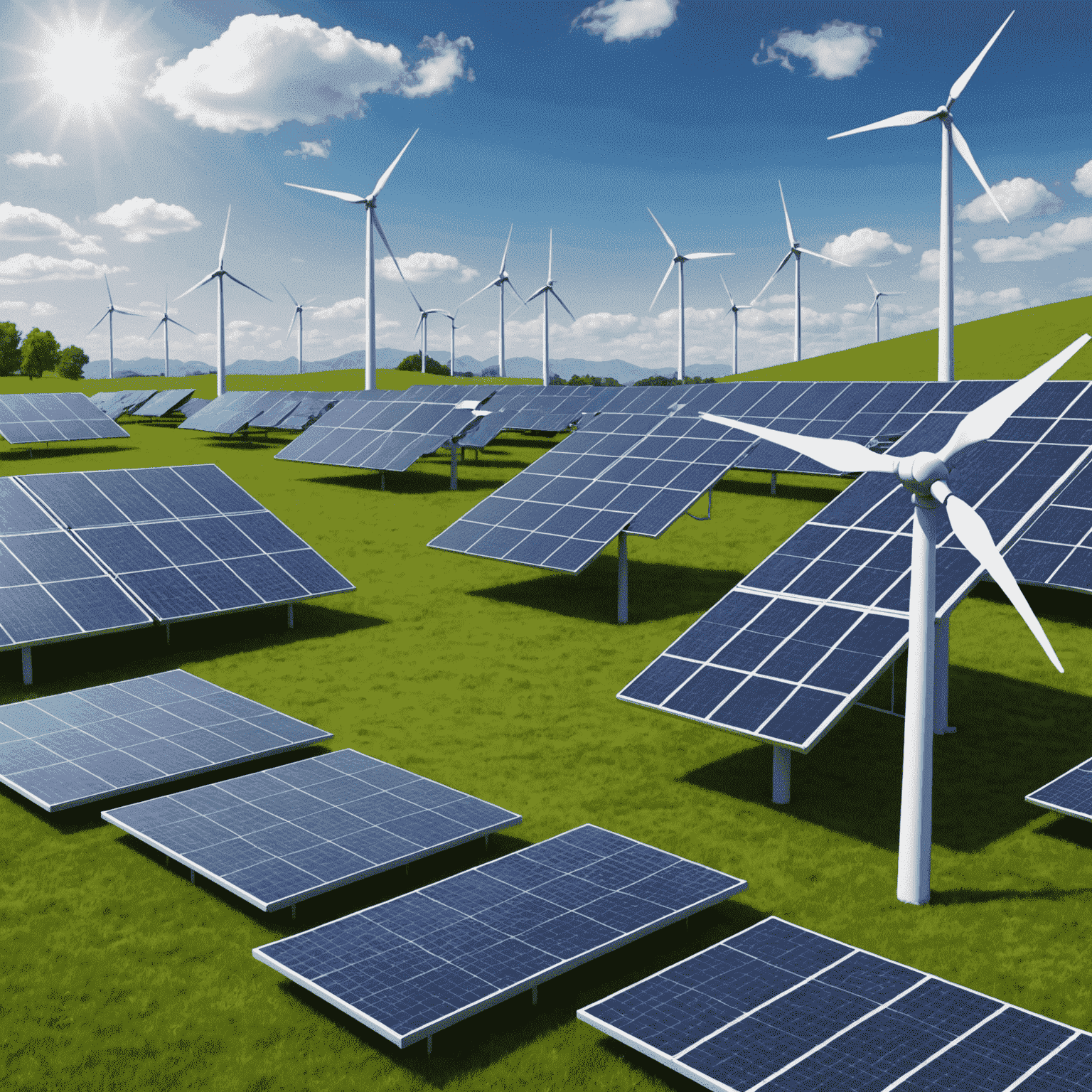 An illustration of wind turbines and solar panels representing renewable energy