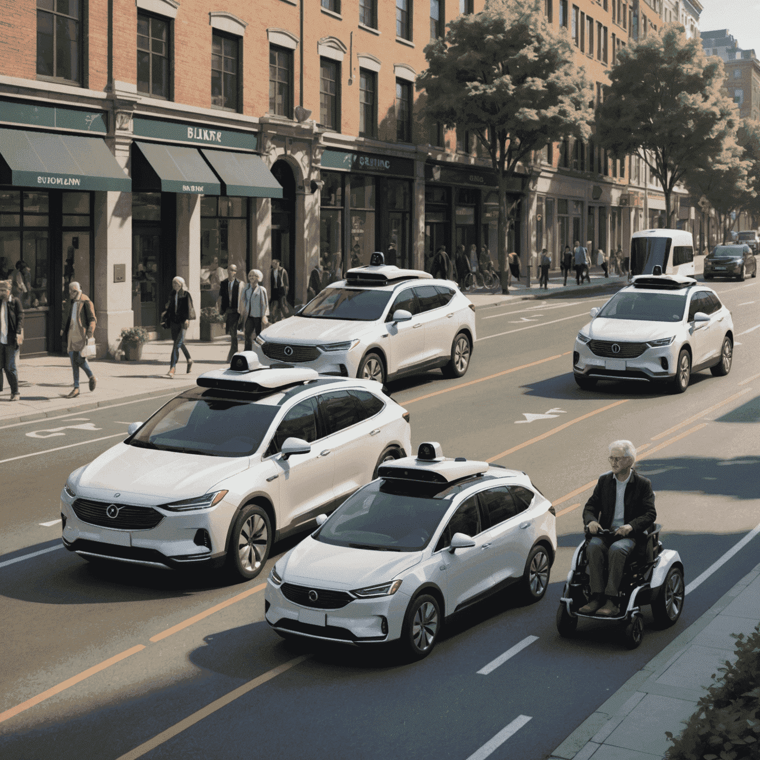 A city street with several self-driving cars, a elderly person easily entering one of the vehicles, and a person in a wheelchair next to another vehicle.